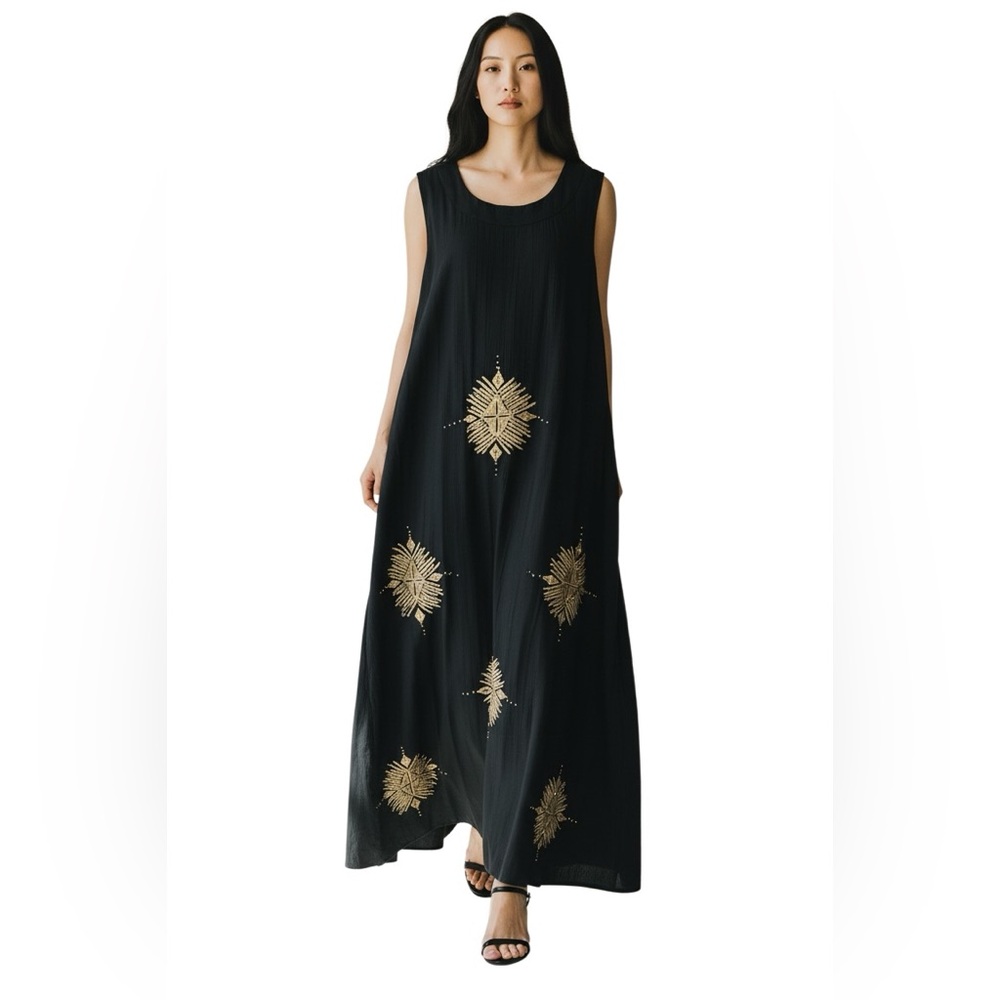 Free Style Black Rayon Maxi Dress with Gold Embroidered Detail